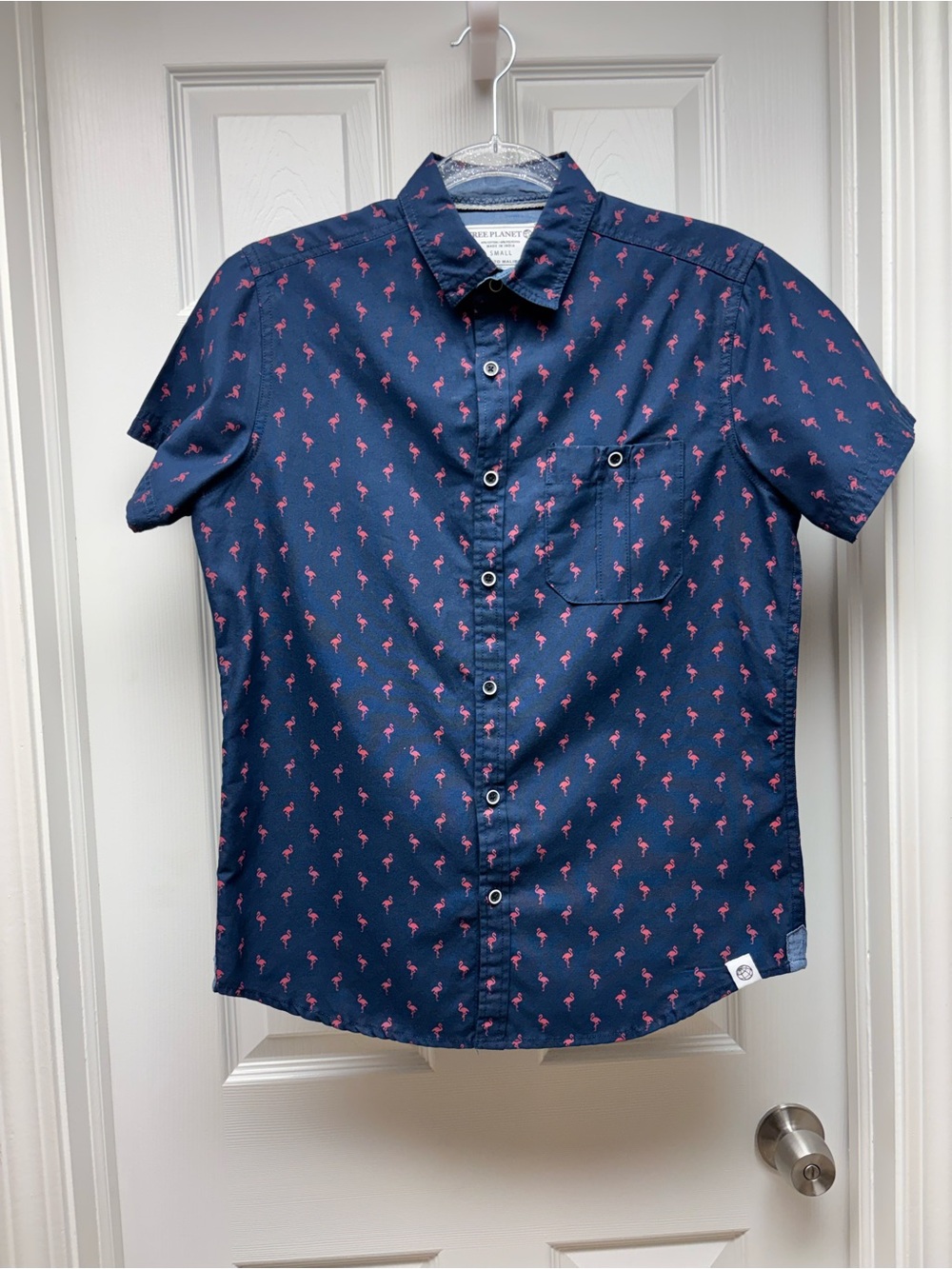 Free Planet Flamingo Print Button-Up Shirt Men’s Small Navy Pink